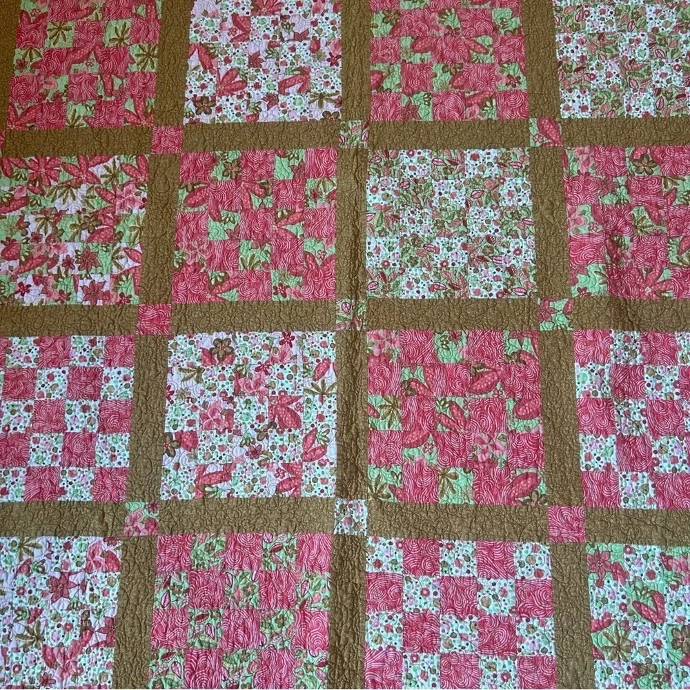 Vintage Handmade Quilt Floral Fleece Squares Reversible Pink Cosy Cottage Core
